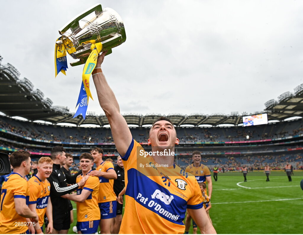 21 July 2024; Ryan Taylor of Clare celebrates with the Liam MacCarthy cup after his side's victory in the GAA Hurling All-Ireland Senior Championship Final between Clare and Cork at Croke Park in Dublin. Photo by Sam Barnes/Sportsfile