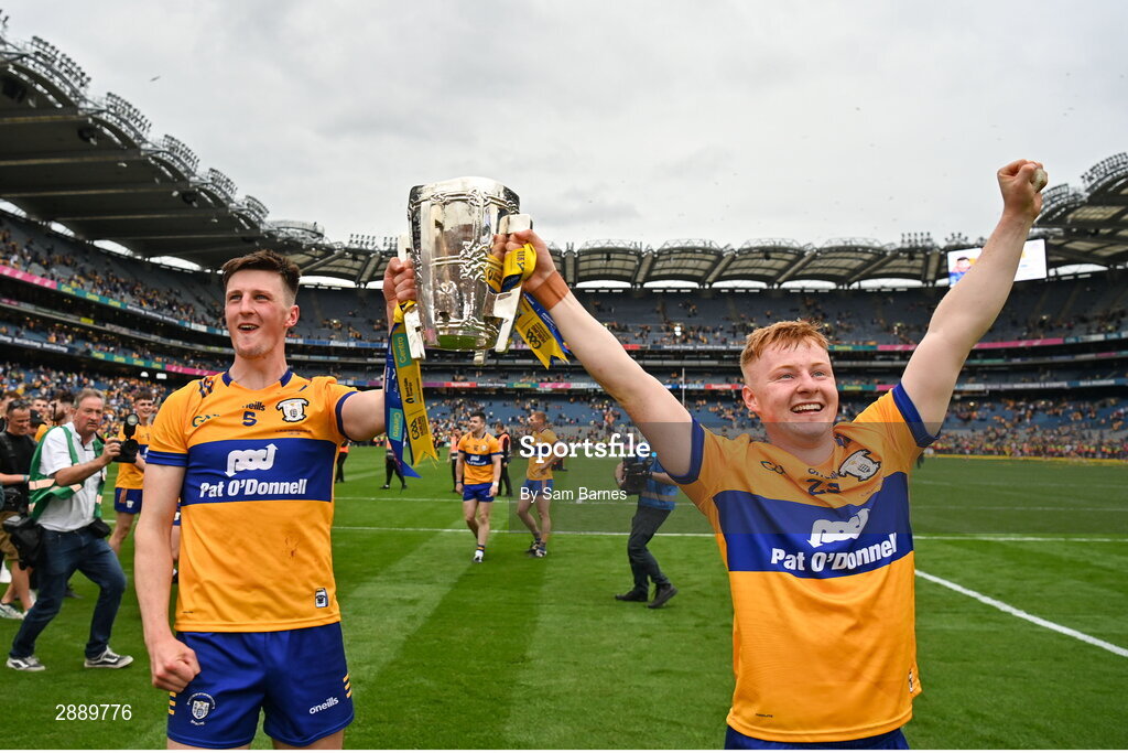 21 July 2024; Clare players Diarmuid Ryan, left, and Shane Meehan celebrate with the Liam MacCarthy cup after his side's victory in the GAA Hurling All-Ireland Senior Championship Final between Clare and Cork at Croke Park in Dublin. Photo by Sam Barnes/Sportsfile