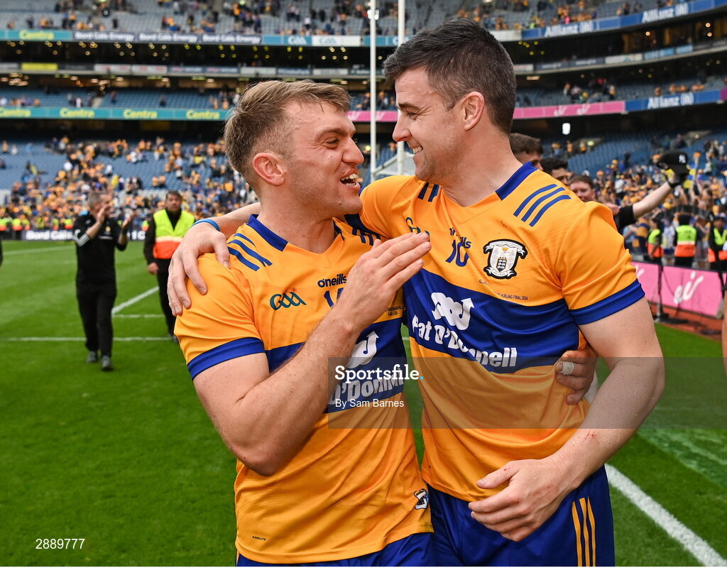 21 July 2024; Clare captain Tony Kelly, right, and team-mate Shane O'Donnell celebrate after their side's victory in the GAA Hurling All-Ireland Senior Championship Final between Clare and Cork at Croke Park in Dublin. Photo by Sam Barnes/Sportsfile