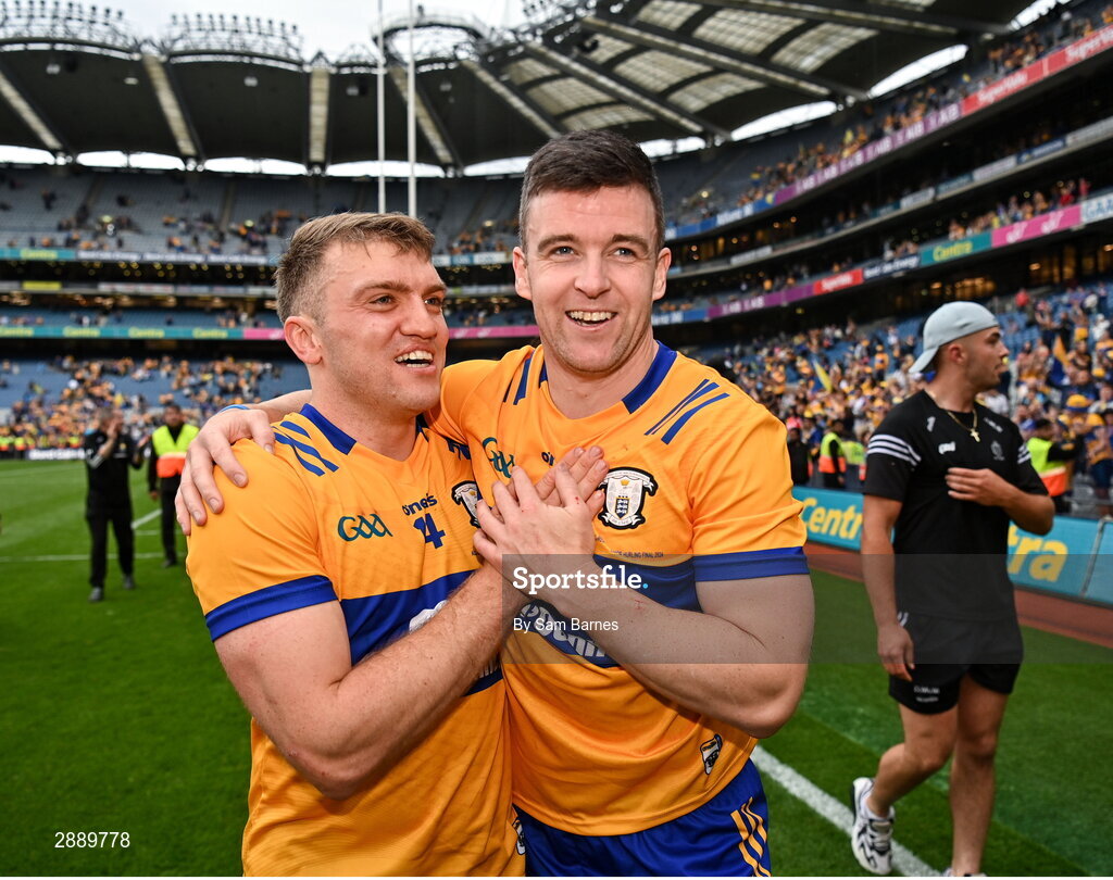 21 July 2024; Clare captain Tony Kelly, right, and team-mate Shane O'Donnell celebrate after their side's victory in the GAA Hurling All-Ireland Senior Championship Final between Clare and Cork at Croke Park in Dublin. Photo by Sam Barnes/Sportsfile