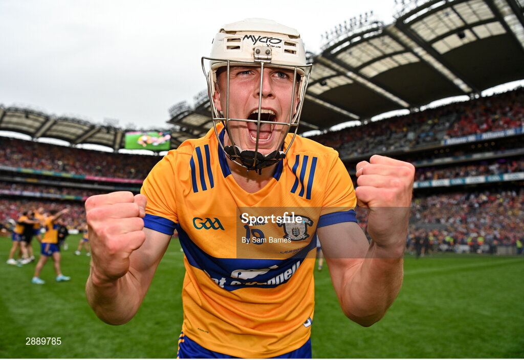 21 July 2024; Cian Galvin of Clare celebrates  after his side's victory in the GAA Hurling All-Ireland Senior Championship Final between Clare and Cork at Croke Park in Dublin. Photo by Sam Barnes/Sportsfile