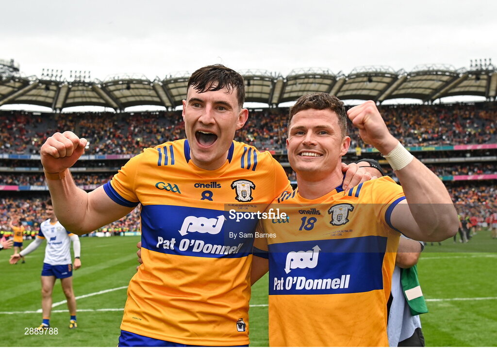 21 July 2024; David Fitzgerald, left, and Paul Flanagan of Clare celebrate after their side's victory in the GAA Hurling All-Ireland Senior Championship Final between Clare and Cork at Croke Park in Dublin. Photo by Sam Barnes/Sportsfile