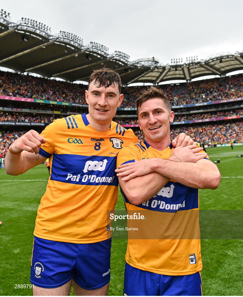 21 July 2024; David Fitzgerald, left, and Ian Galvin of Clare celebrate after their side's victory in the GAA Hurling All-Ireland Senior Championship Final between Clare and Cork at Croke Park in Dublin. Photo by Sam Barnes/Sportsfile