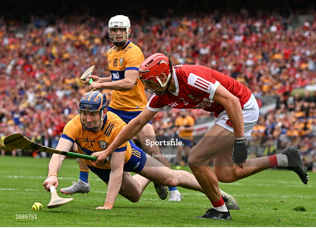 21 July 2024; David Fitzgerald of Clare in action against Ciarán Joyce of Cork during the GAA Hurling All-Ireland Senior Championship Final between Clare and Cork at Croke Park in Dublin. Photo by Sam Barnes/Sportsfile
