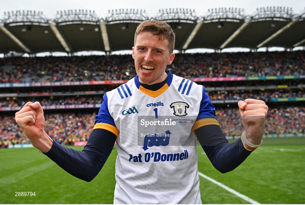 21 July 2024; Clare goalkeeper Eibhear Quilligan celebrates after their side's victory in the GAA Hurling All-Ireland Senior Championship Final between Clare and Cork at Croke Park in Dublin. Photo by Sam Barnes/Sportsfile