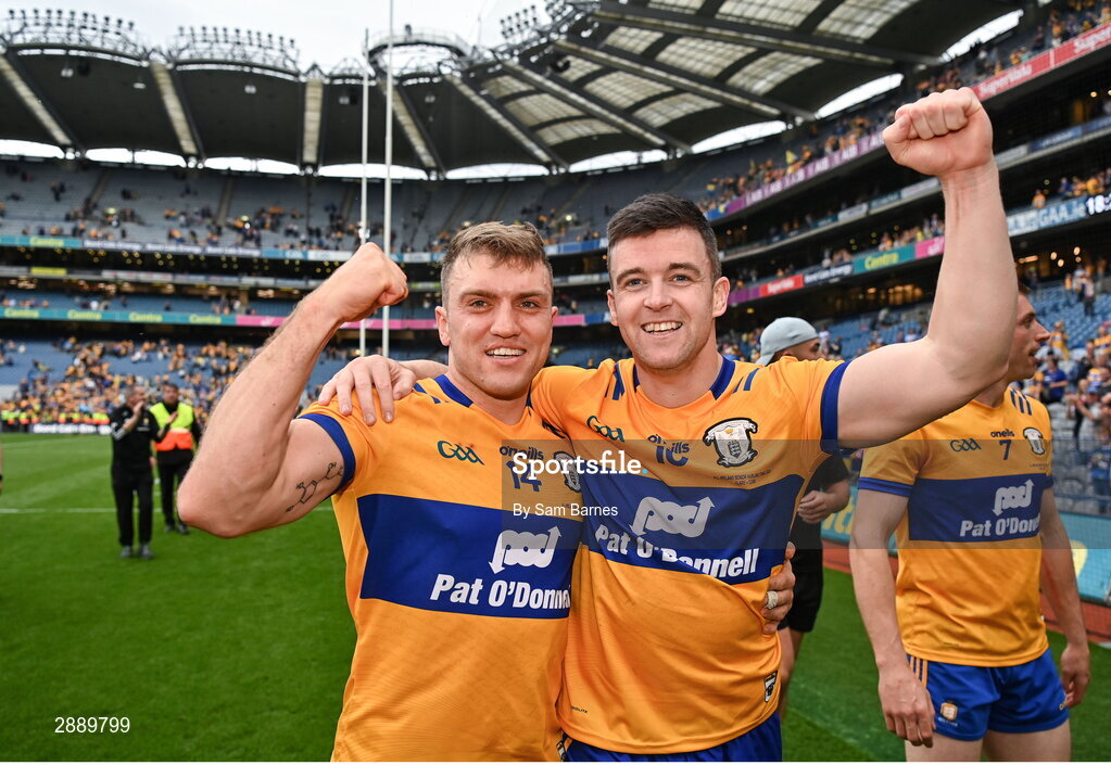 21 July 2024; Clare captain Tony Kelly, right, and team-mate Shane O'Donnell celebrate after their side's victory in the GAA Hurling All-Ireland Senior Championship Final between Clare and Cork at Croke Park in Dublin. Photo by Sam Barnes/Sportsfile