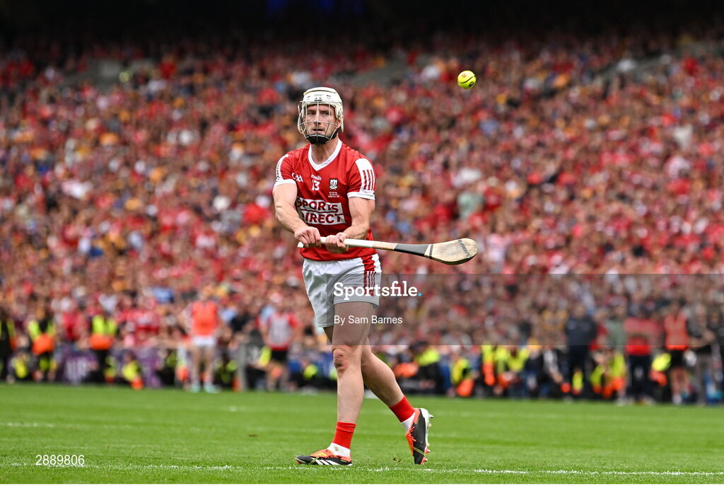 21 July 2024; Patrick Horgan of Cork scores a free during the GAA Hurling All-Ireland Senior Championship Final between Clare and Cork at Croke Park in Dublin. Photo by Sam Barnes/Sportsfile