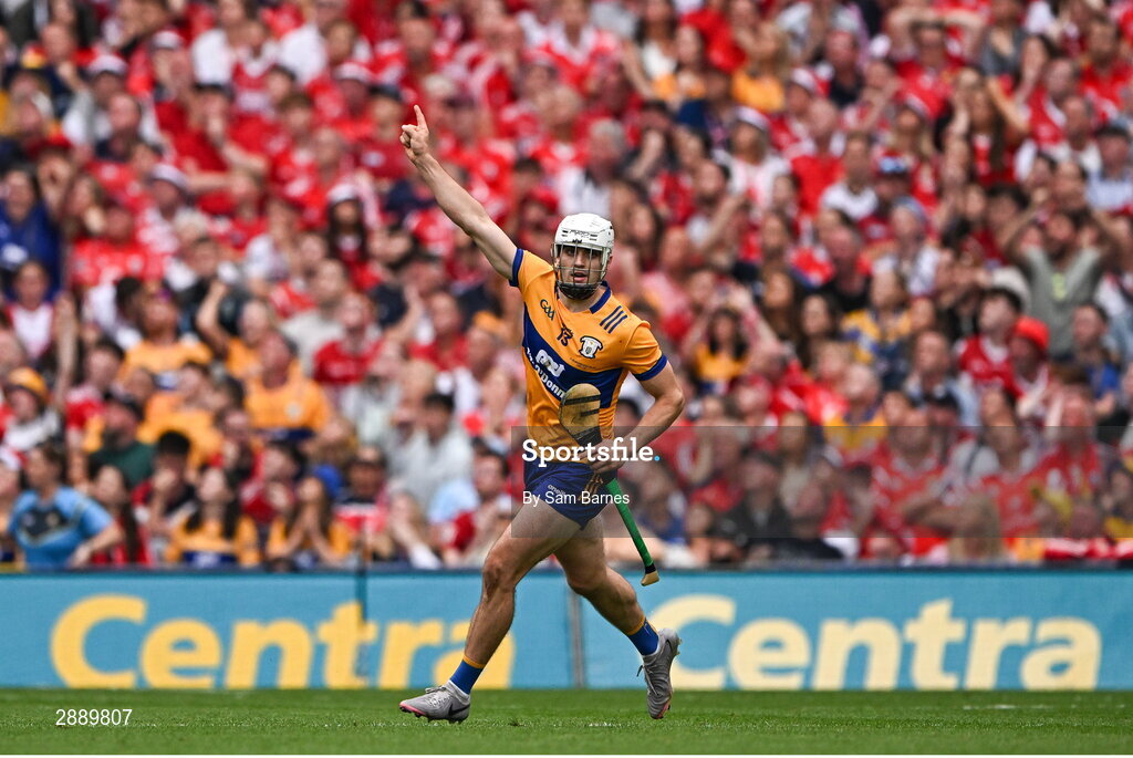 21 July 2024; Aidan McCarthy of Clare celebrates a late score during the GAA Hurling All-Ireland Senior Championship Final between Clare and Cork at Croke Park in Dublin. Photo by Sam Barnes/Sportsfile