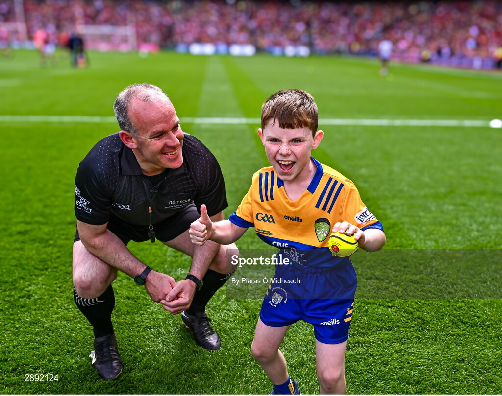 21 July 2024; Conor Moroney from Kilmaley in Clare on the pitch to present referee Johnny Murphy with the official match sliotar before the GAA Hurling All-Ireland Senior Championship Final between Clare and Cork at Croke Park in Dublin. Photo by Piaras Ó Mídheach/Sportsfile