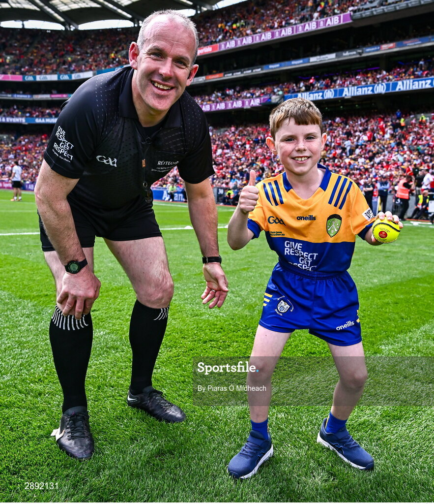 21 July 2024; Conor Moroney from Kilmaley in Clare on the pitch to present referee Johnny Murphy with the official match sliotar before the GAA Hurling All-Ireland Senior Championship Final between Clare and Cork at Croke Park in Dublin. Photo by Piaras Ó Mídheach/Sportsfile