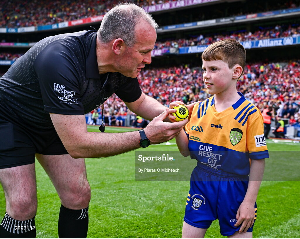 21 July 2024; Conor Moroney from Kilmaley in Clare on the pitch to present referee Johnny Murphy with the official match sliotar before the GAA Hurling All-Ireland Senior Championship Final between Clare and Cork at Croke Park in Dublin. Photo by Piaras Ó Mídheach/Sportsfile