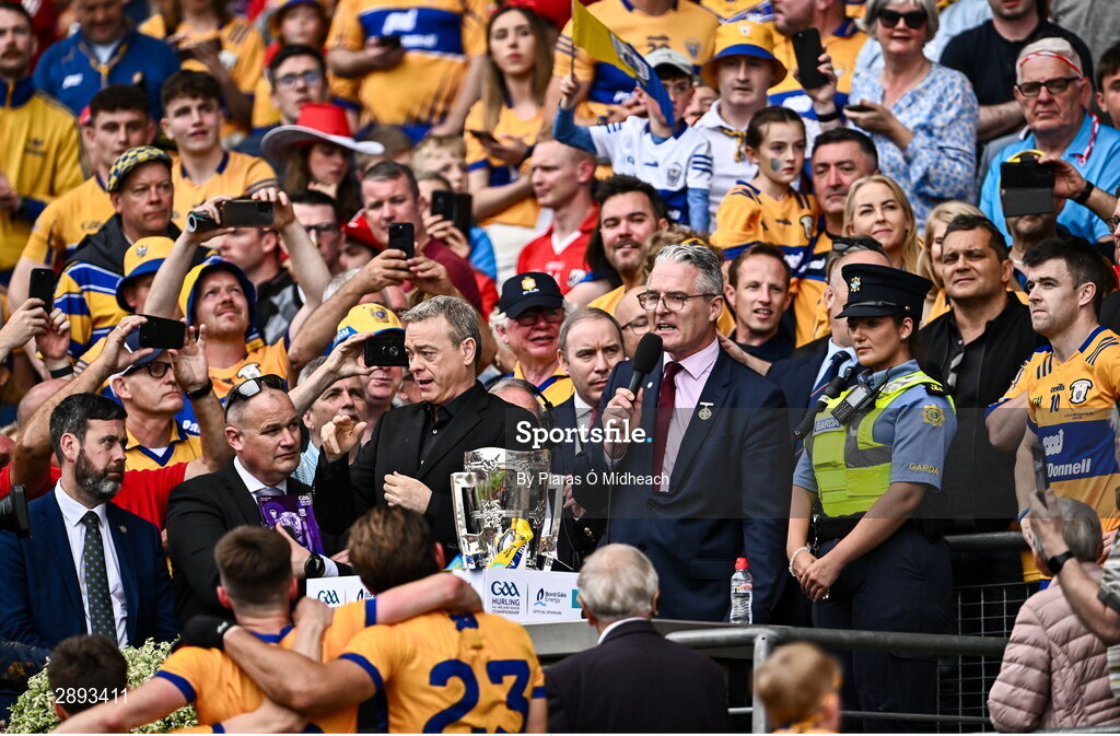 21 July 2024; Uachtarán Chumann Lúthchleas Gael Jarlath Burns makes a speech after the GAA Hurling All-Ireland Senior Championship Final between Clare and Cork at Croke Park in Dublin. Photo by Piaras Ó Mídheach/Sportsfile