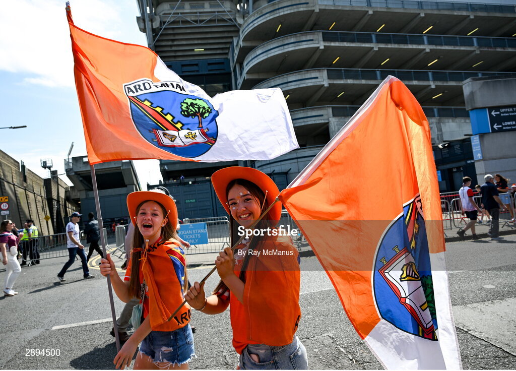 28 July 2024; Armagh supporters make their way to the GAA Football All-Ireland Senior Championship Final match between Armagh and Galway at Croke Park in Dublin. Photo by Ray McManus/Sportsfile