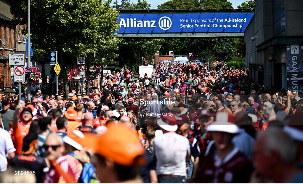 28 July 2024; Supporters gather on Jones' Road before the GAA Football All-Ireland Senior Championship Final match between Armagh and Galway at Croke Park in Dublin. Photo by Ramsey Cardy/Sportsfile