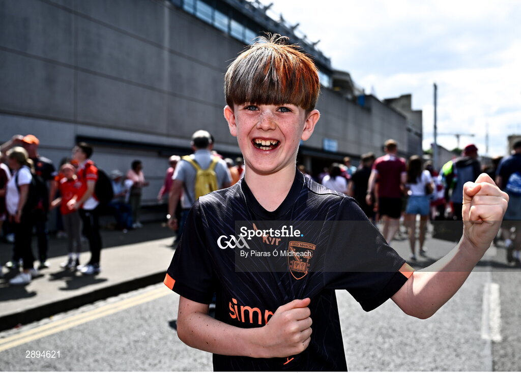 28 July 2024; Armagh supporter Senan Doyle, from Cullaville, outside the ground before the GAA Football All-Ireland Senior Championship Final match between Armagh and Galway at Croke Park in Dublin. Photo by Piaras Ó Mídheach/Sportsfile