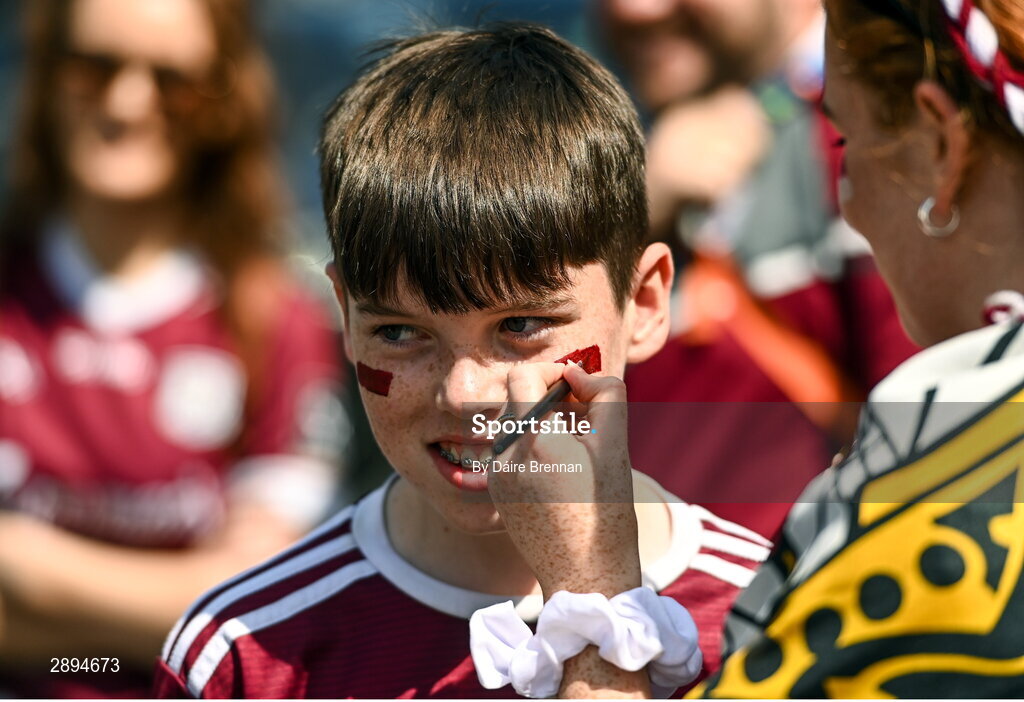 28 July 2024; Galway supporter Colin Higgins, aged 12, from Moylough, Galway, gets his face painted ahead of the GAA Football All-Ireland Senior Championship Final match between Armagh and Galway at Croke Park in Dublin. Photo by Daire Brennan/Sportsfile