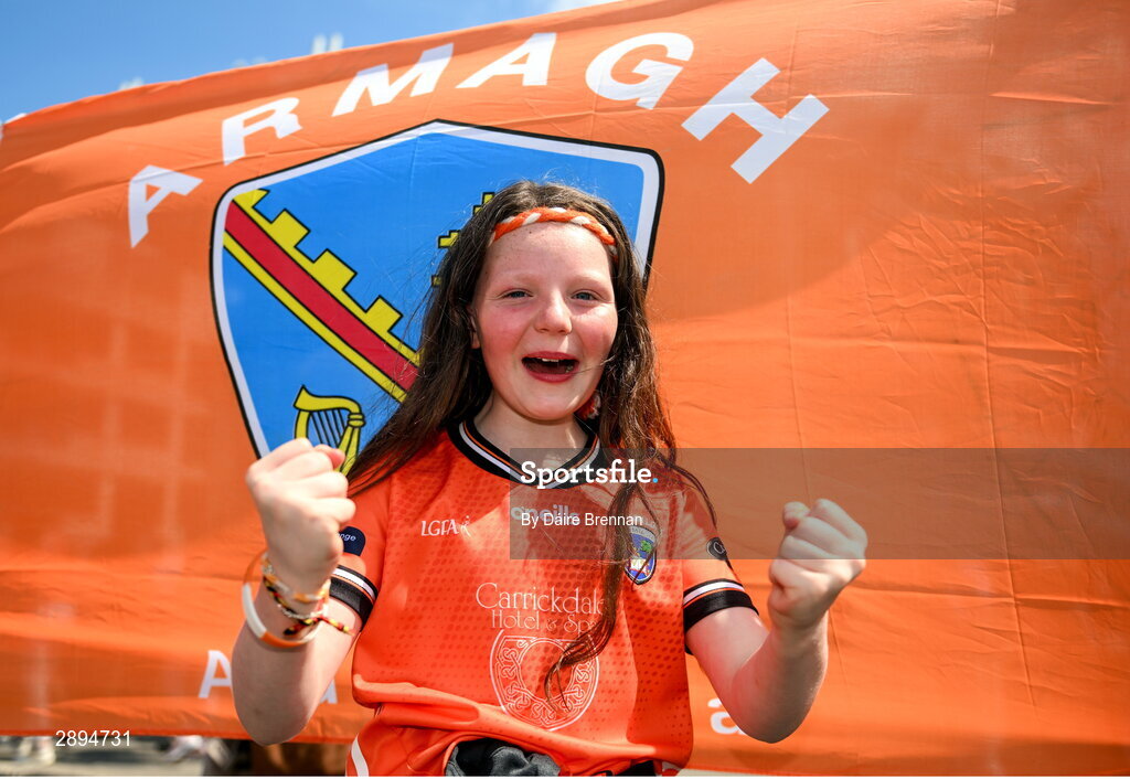 28 July 2024; Armagh supporter Connie McCreesh, from Cullyhanna, Armagh, ahead of the GAA Football All-Ireland Senior Championship Final match between Armagh and Galway at Croke Park in Dublin. Photo by Daire Brennan/Sportsfile