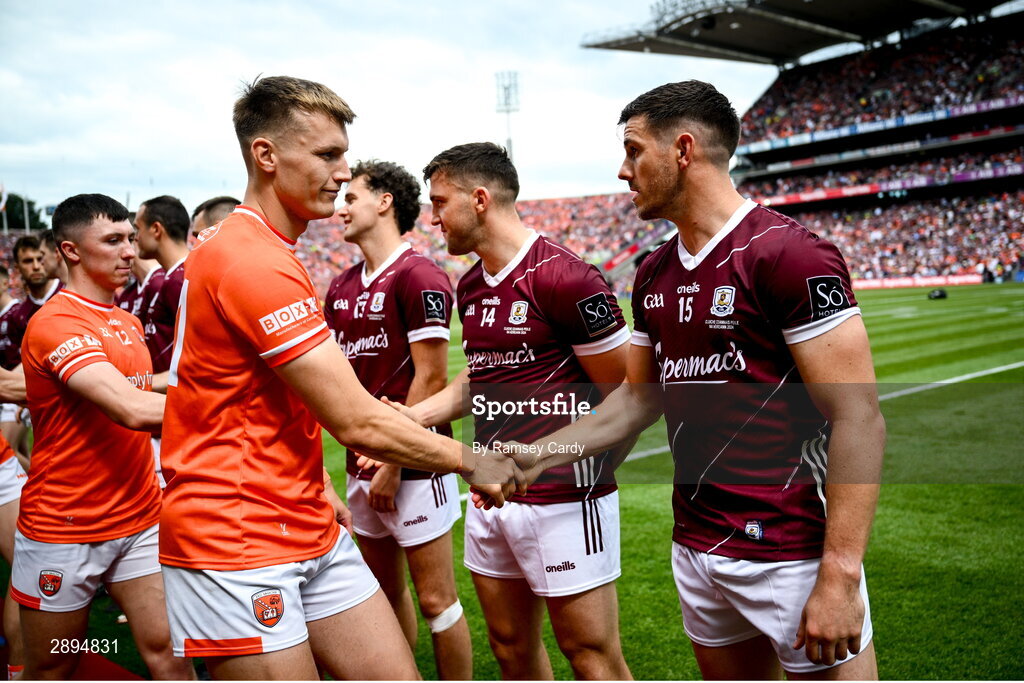 28 July 2024; Rian O'Neill of Armagh and Shane Walsh of Galway before the GAA Football All-Ireland Senior Championship Final match between Armagh and Galway at Croke Park in Dublin. Photo by Ramsey Cardy/Sportsfile