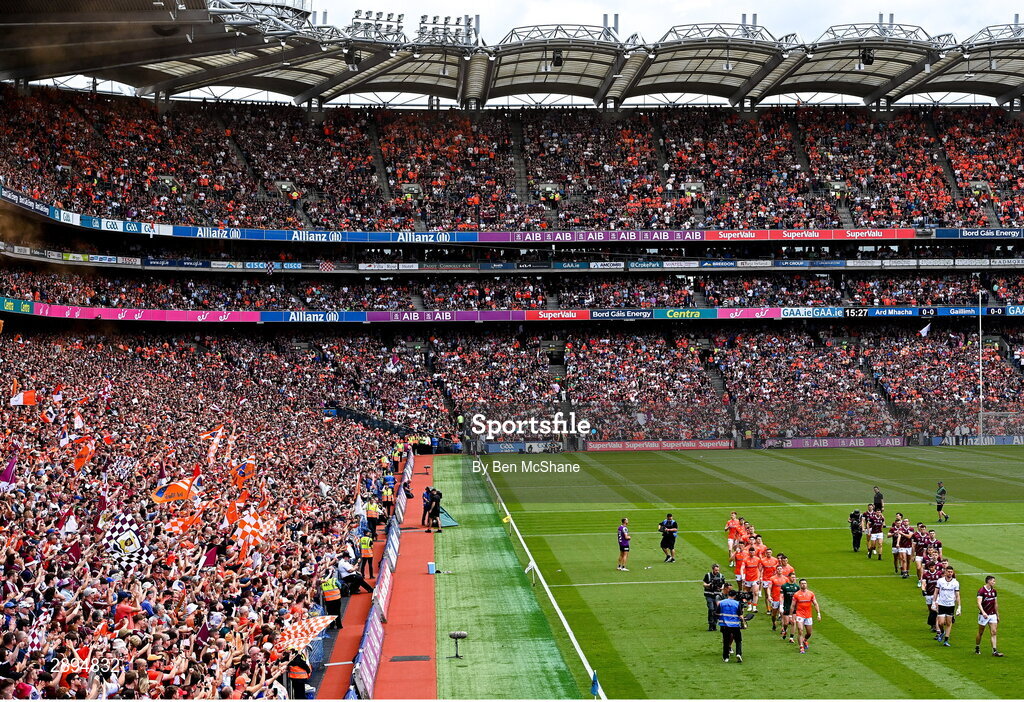 28 July 2024; Armagh and Galway players take part in the pre-match parade before the GAA Football All-Ireland Senior Championship Final match between Armagh and Galway at Croke Park in Dublin. Photo by Ben McShane/Sportsfile