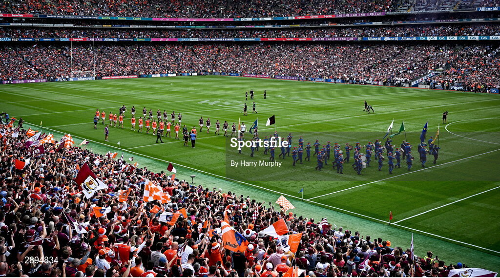 28 July 2024; Armagh and Galway players parade before the GAA Football All-Ireland Senior Championship Final match between Armagh and Galway at Croke Park in Dublin. Photo by Harry Murphy/Sportsfile