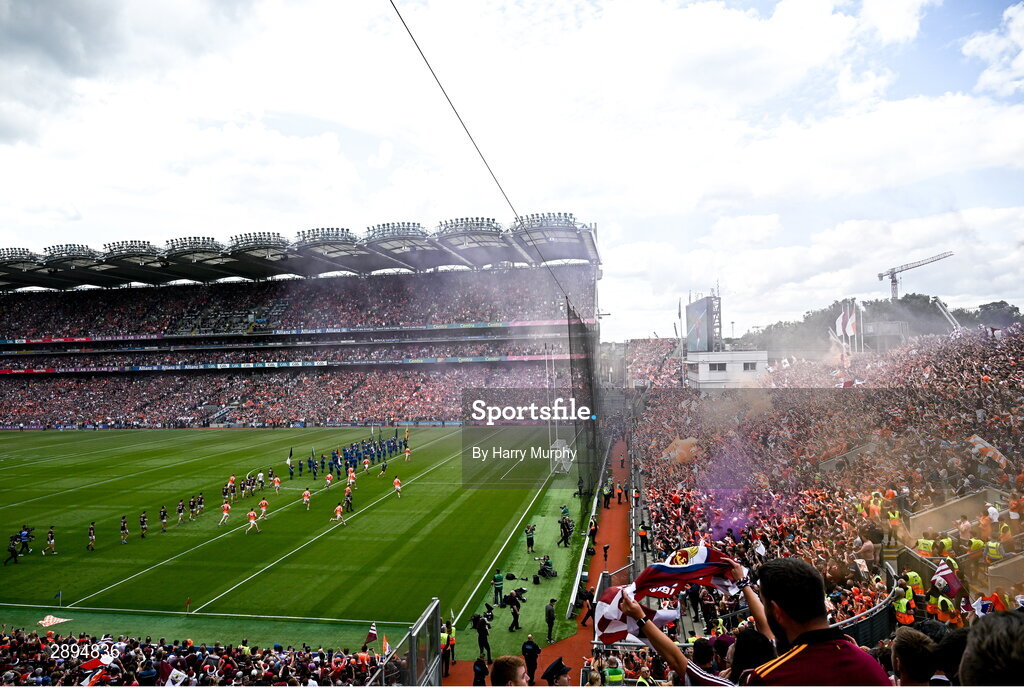 28 July 2024; Armagh and Galway players parade before the GAA Football All-Ireland Senior Championship Final match between Armagh and Galway at Croke Park in Dublin. Photo by Harry Murphy/Sportsfile