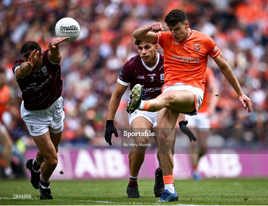 28 July 2024; Niall Grimley of Armagh has a shot blocked by John Maher of Galway during the GAA Football All-Ireland Senior Championship Final match between Armagh and Galway at Croke Park in Dublin. Photo by Harry Murphy/Sportsfile