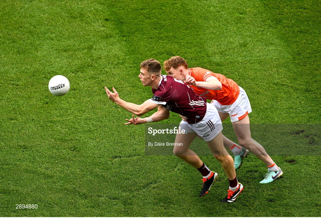 28 July 2024; Dylan McHugh of Galway in action against Conor Turbitt of Armagh during the GAA Football All-Ireland Senior Championship Final match between Armagh and Galway at Croke Park in Dublin. Photo by Daire Brennan/Sportsfile