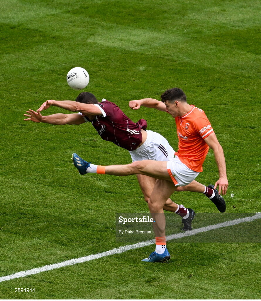 28 July 2024; Niall Grimley of Armagh has his shot blocked by John Maher of Galway during the GAA Football All-Ireland Senior Championship Final match between Armagh and Galway at Croke Park in Dublin. Photo by Daire Brennan/Sportsfile