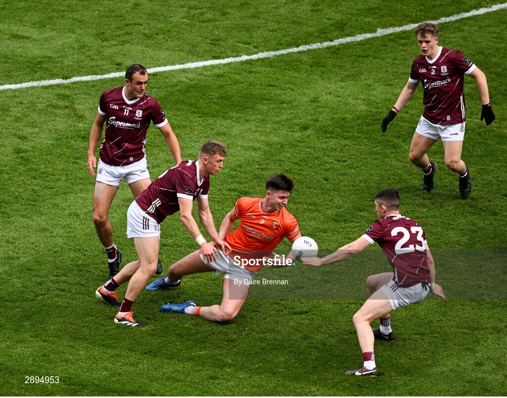 28 July 2024; Ben Crealey of Armagh in action against Galway players, left to right, John Maher, Dylan McHugh, Johnny Heaney, and Johnny McGrath during the GAA Football All-Ireland Senior Championship Final match between Armagh and Galway at Croke Park in Dublin. Photo by Daire Brennan/Sportsfile