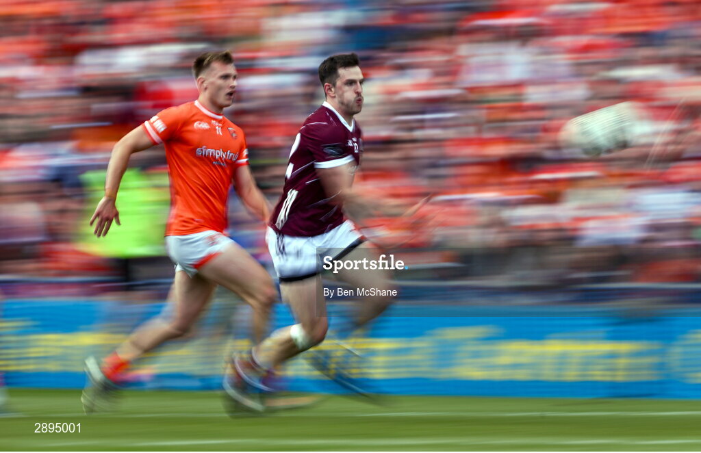 28 July 2024; Cein Darcy of Galway in action against Rian O'Neill of Armagh during the GAA Football All-Ireland Senior Championship Final match between Armagh and Galway at Croke Park in Dublin. Photo by Ben McShane/Sportsfile