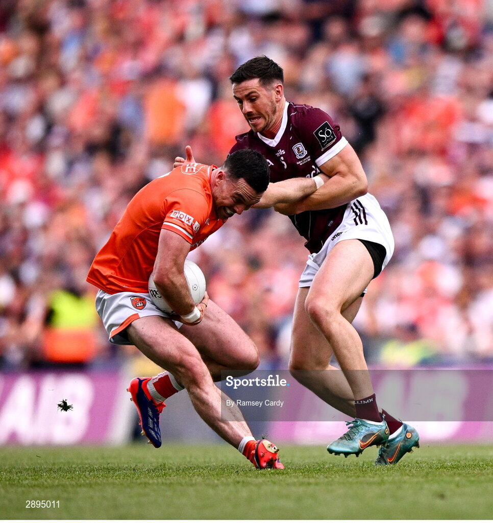 28 July 2024; Aidan Forker of Armagh in action against Shane Walsh of Galway during the GAA Football All-Ireland Senior Championship Final match between Armagh and Galway at Croke Park in Dublin. Photo by Ramsey Cardy/Sportsfile