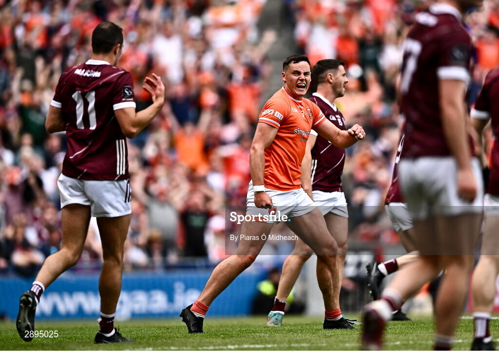 28 July 2024; Aaron McKay of Armagh celebrates scoring his side's first goal during the GAA Football All-Ireland Senior Championship Final match between Armagh and Galway at Croke Park in Dublin. Photo by Piaras Ó Mídheach/Sportsfile