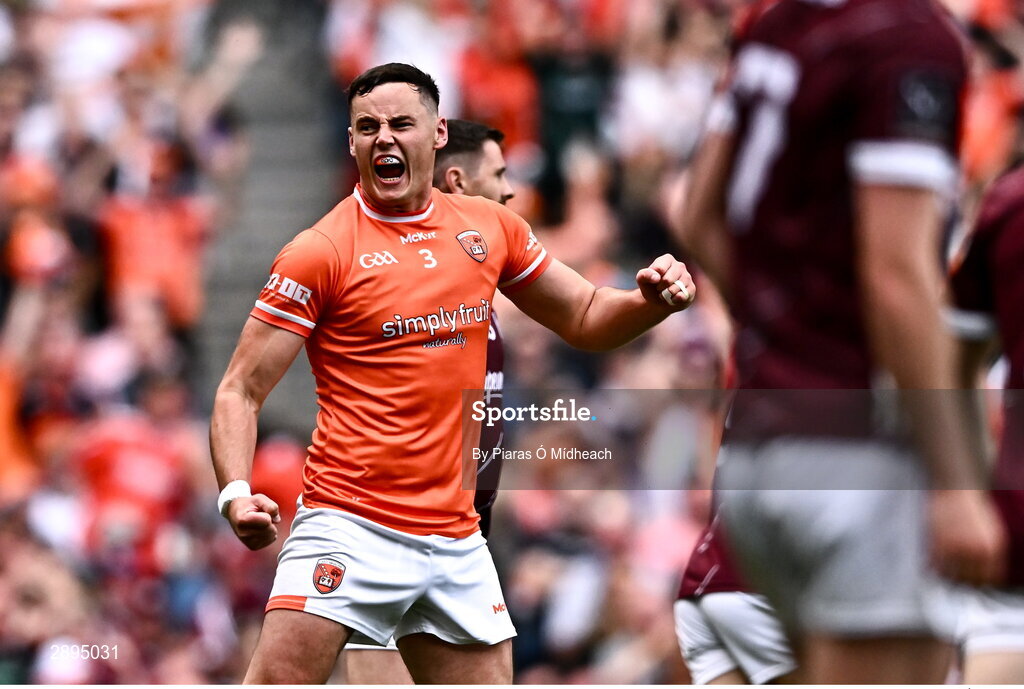 28 July 2024; Aaron McKay of Armagh celebrates scoring his side's first goal during the GAA Football All-Ireland Senior Championship Final match between Armagh and Galway at Croke Park in Dublin. Photo by Piaras Ó Mídheach/Sportsfile