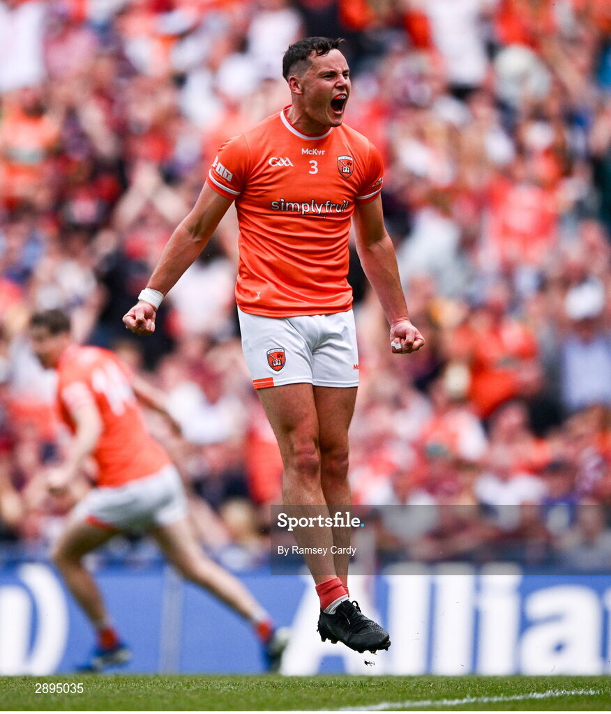 28 July 2024; Aaron McKay of Armagh celebrates after scoring his side's first goal during the GAA Football All-Ireland Senior Championship Final match between Armagh and Galway at Croke Park in Dublin. Photo by Ramsey Cardy/Sportsfile