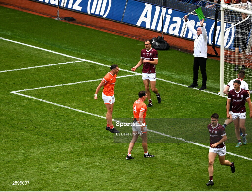 28 July 2024; Aaron McKay of Armagh celebrates after scoring his side's first goal during the GAA Football All-Ireland Senior Championship Final match between Armagh and Galway at Croke Park in Dublin. Photo by Daire Brennan/Sportsfile