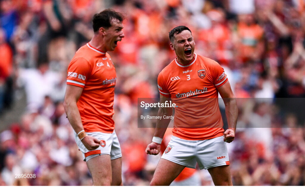 28 July 2024; Aaron McKay of Armagh celebrates with Barry McCambridge, left, after scoring their side's first goal during the GAA Football All-Ireland Senior Championship Final match between Armagh and Galway at Croke Park in Dublin. Photo by Ramsey Cardy/Sportsfile