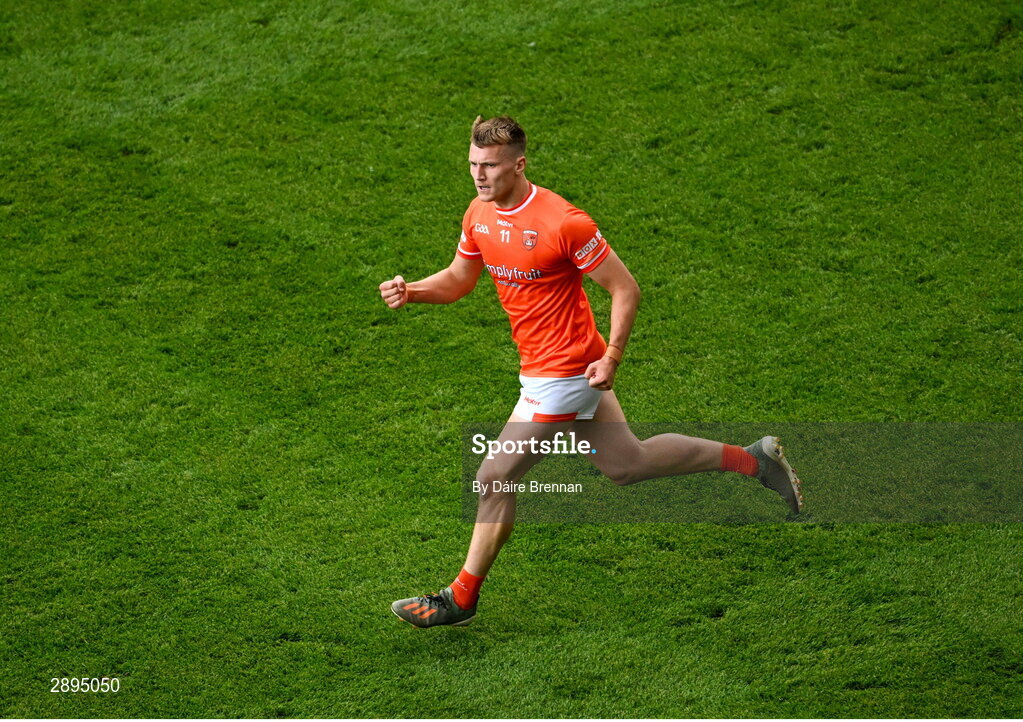 28 July 2024; Rian O'Neill of Armagh celebrates after scoring a second half point during the GAA Football All-Ireland Senior Championship Final match between Armagh and Galway at Croke Park in Dublin. Photo by Daire Brennan/Sportsfile