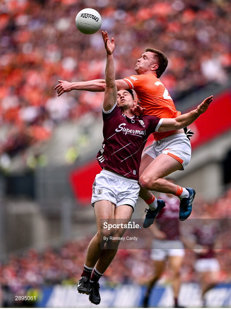 28 July 2024; Liam Silke of Galway in action against Ross McQuillan of Armagh during the GAA Football All-Ireland Senior Championship Final match between Armagh and Galway at Croke Park in Dublin. Photo by Ramsey Cardy/Sportsfile