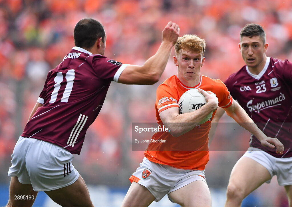 28 July 2024; Conor Turbitt of Armagh in action against John Maher of Galway during the GAA Football All-Ireland Senior Championship Final match between Armagh and Galway at Croke Park in Dublin. Photo by John Sheridan/Sportsfile
