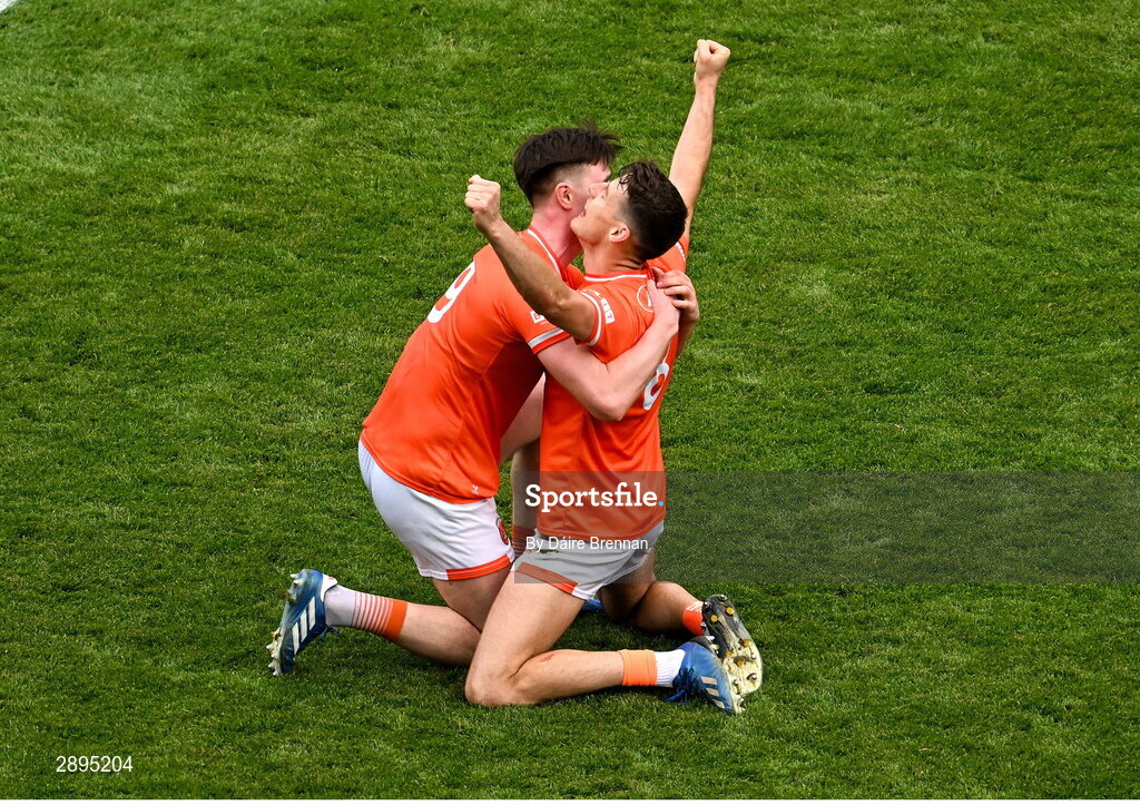 28 July 2024; Ben Crealey, left, and Tiernan Kelly of Armagh celebrate after the GAA Football All-Ireland Senior Championship Final match between Armagh and Galway at Croke Park in Dublin. Photo by Daire Brennan/Sportsfile
