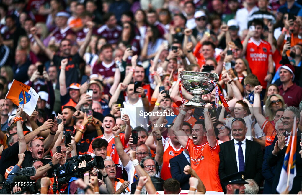 28 July 2024; Armagh captain Aidan Forker lifts the Sam Maguire Cup after the GAA Football All-Ireland Senior Championship Final match between Armagh and Galway at Croke Park in Dublin. Photo by Ben McShane/Sportsfile