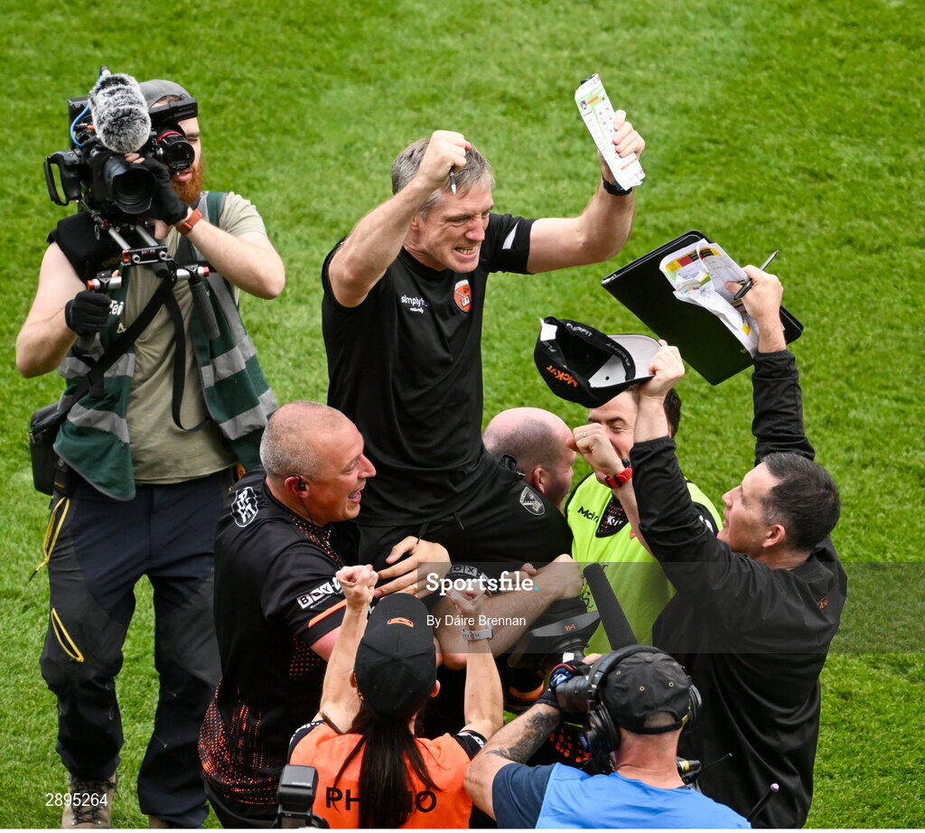 28 July 2024; Armagh manager Kieran McGeeney is lifted in celebration after the GAA Football All-Ireland Senior Championship Final match between Armagh and Galway at Croke Park in Dublin. Photo by Daire Brennan/Sportsfile