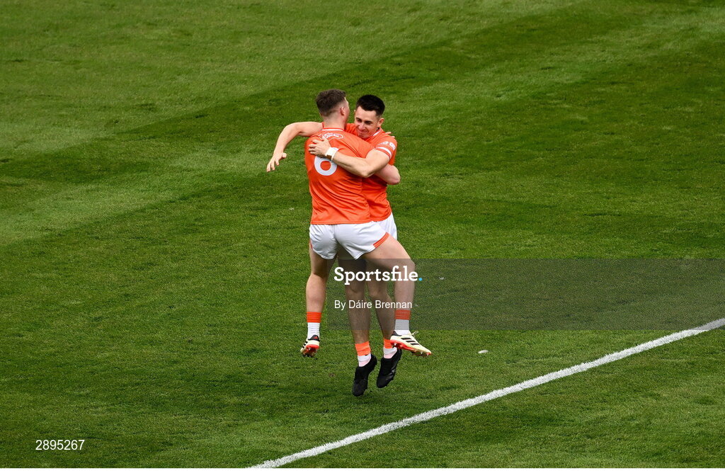 28 July 2024; Tiernan Kelly, left, and Shane McPartlan of Armagh celebrate after the GAA Football All-Ireland Senior Championship Final match between Armagh and Galway at Croke Park in Dublin. Photo by Daire Brennan/Sportsfile