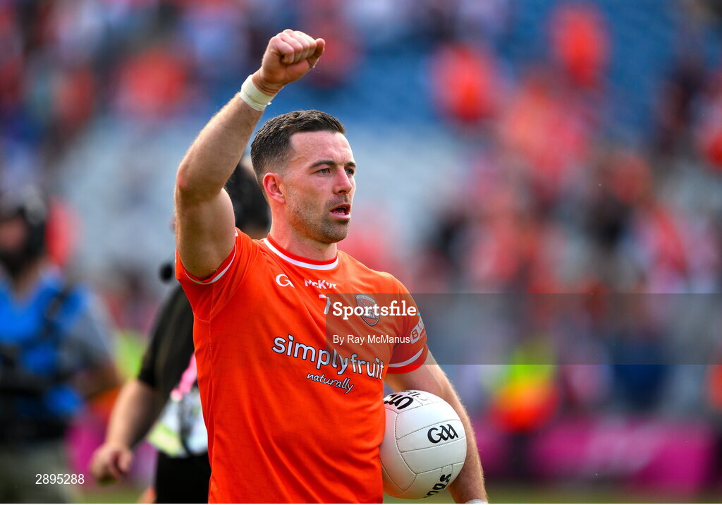 28 July 2024; Armagh captain Aidan Forker celebrates with the supporters after the GAA Football All-Ireland Senior Championship Final match between Armagh and Galway at Croke Park in Dublin. Photo by Ray McManus/Sportsfile