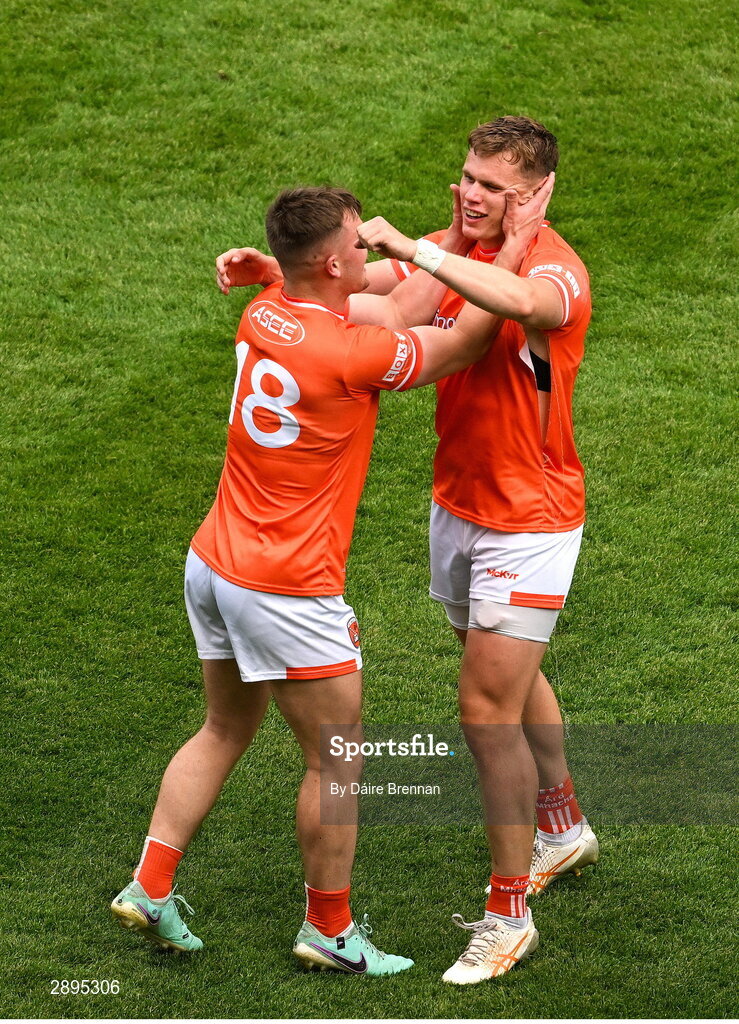 28 July 2024; Peter McGrane, left, and Oisin O'Neill of Armagh celebrate after the GAA Football All-Ireland Senior Championship Final match between Armagh and Galway at Croke Park in Dublin. Photo by Daire Brennan/Sportsfile
