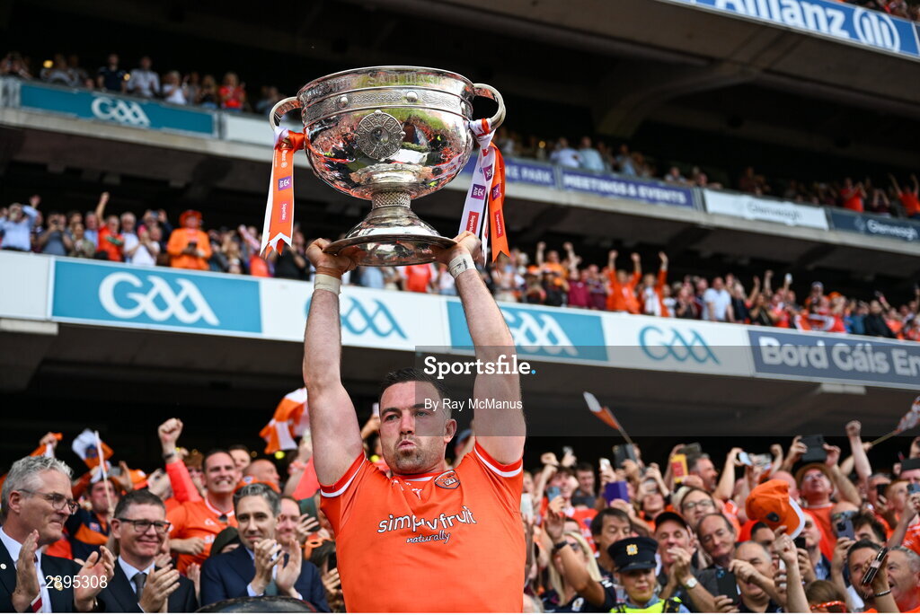 28 July 2024; Armagh captain Aidan Forker lifts the Sam Maguire Cup after their side's victory in the GAA Football All-Ireland Senior Championship Final match between Armagh and Galway at Croke Park in Dublin.  Photo by Ray McManus/Sportsfile
