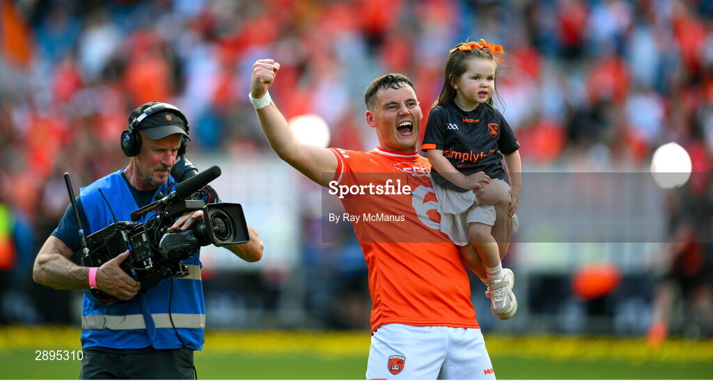 28 July 2024; Goalscorer Aaron McKay of Armagh and his daughter Nova after the GAA Football All-Ireland Senior Championship Final match between Armagh and Galway at Croke Park in Dublin. Photo by Ray McManus/Sportsfile