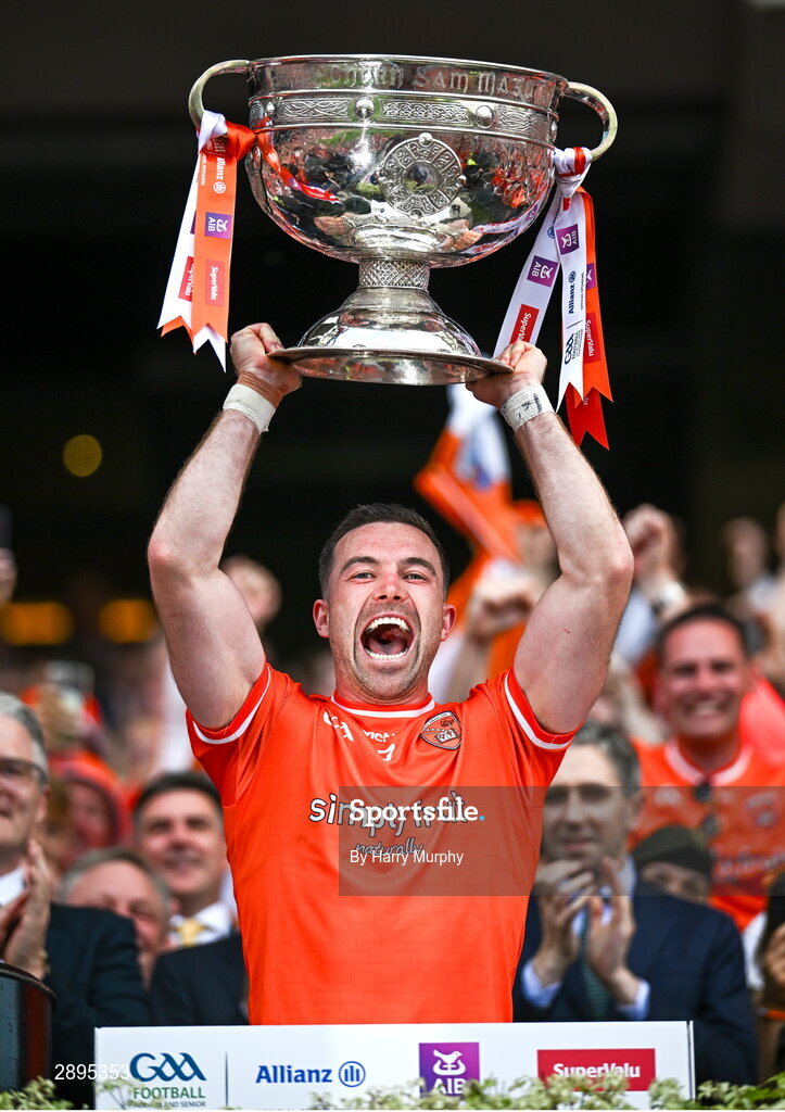 28 July 2024; Armagh captain Aidan Forker lifts the Sam Maguire Cup after his side's victory in the GAA Football All-Ireland Senior Championship Final match between Armagh and Galway at Croke Park in Dublin. Photo by Harry Murphy/Sportsfile