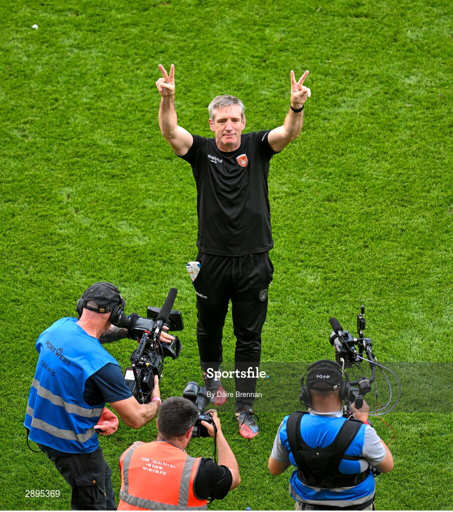 28 July 2024; Armagh manager Kieran McGeeney watches captain Aidan Forker lift the Sam Maguire cup after the GAA Football All-Ireland Senior Championship Final match between Armagh and Galway at Croke Park in Dublin. Photo by Daire Brennan/Sportsfile