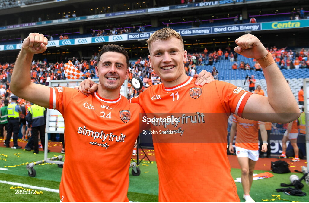 28 July 2024; Armagh players, from left, Stefan Campbell and Rian O'Neill celebrate after the GAA Football All-Ireland Senior Championship Final match between Armagh and Galway at Croke Park in Dublin. Photo by John Sheridan/Sportsfile